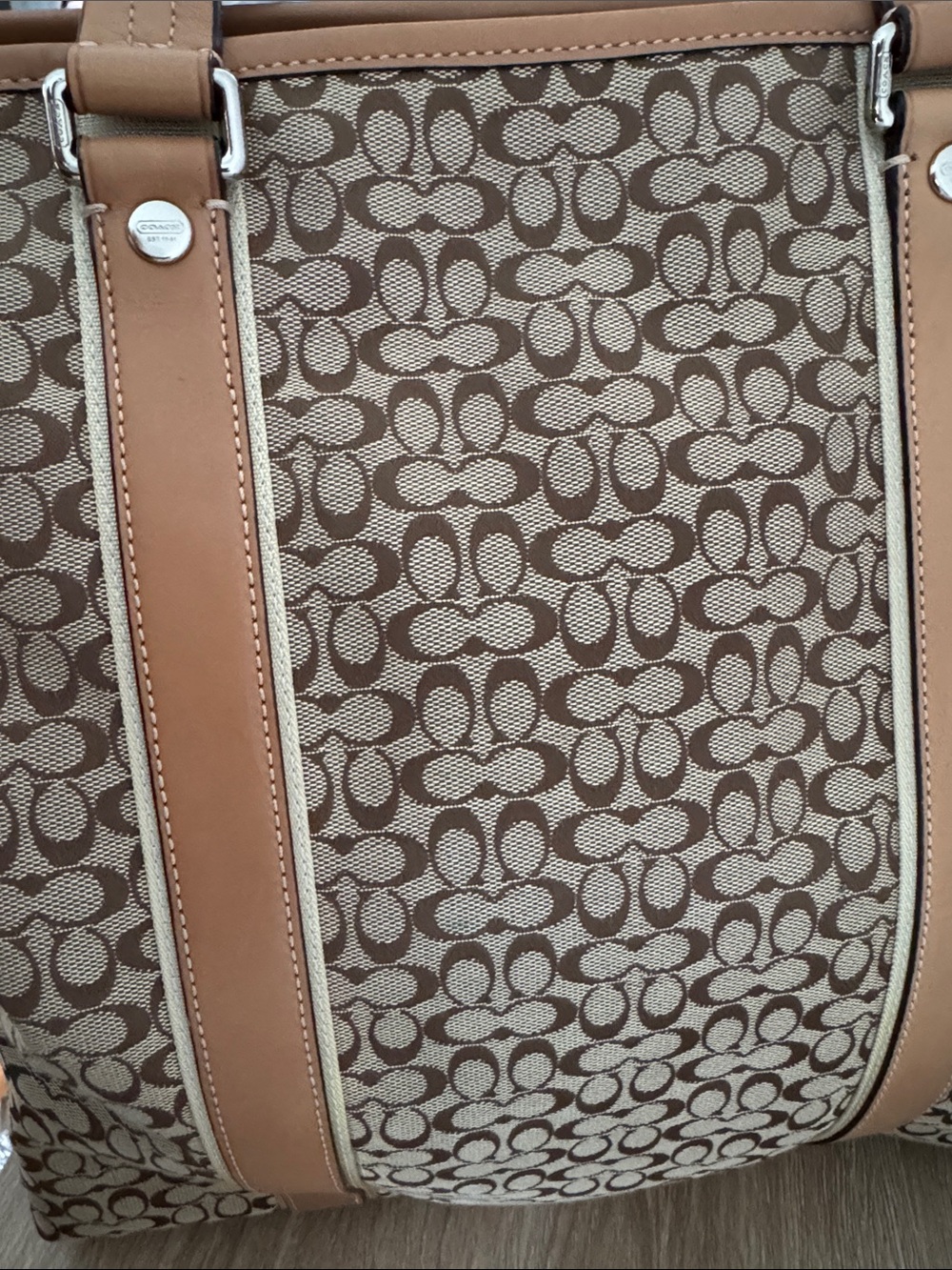 NWOT Coach Monogram Canvas Shoulder Tote with Tan Leather and Gold Stripe Scarf - Picture 8 of 16
